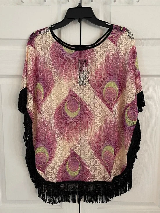 Boho Fringe Peacock-Print Top - Picture 2 of 5